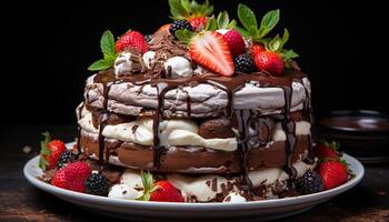 AI generated Homemade gourmet dessert chocolate cheesecake with fresh berry indulgence generated by AI photo