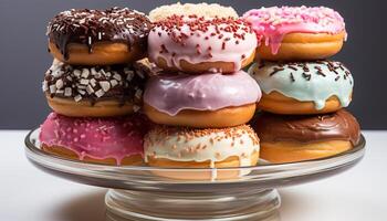 AI generated Homemade donut stack, tempting indulgence on wooden table generated by AI photo