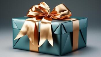 AI generated A shiny gold gift box wrapped in blue wrapping paper generated by AI photo