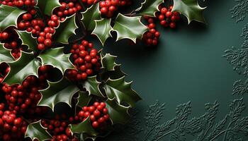 AI generated Winter celebration holly wreath, berry tree, snowflake ornament generated by AI photo