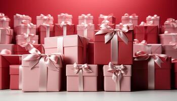 AI generated Large group of wrapped gift boxes in shiny wrapping paper generated by AI photo