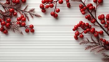 AI generated Winter celebration rustic wood backdrop with holly and berry decoration generated by AI photo