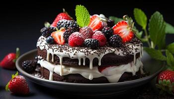 AI generated Homemade gourmet dessert chocolate cheesecake with fresh berry indulgence generated by AI photo