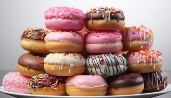 AI generated Gourmet donut stack, tempting indulgence of sweet, colorful treats generated by AI photo