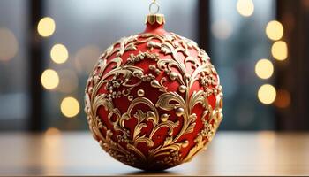 AI generated Shiny gold ornament illuminates Christmas tree in vibrant celebration generated by AI photo