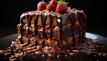 AI generated A slice of homemade chocolate cake with fresh strawberry generated by AI photo