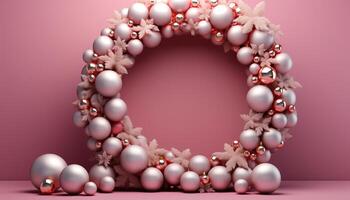 AI generated Winter celebration shiny pink ball, abstract snowflake pattern, elegant backdrop generated by AI photo