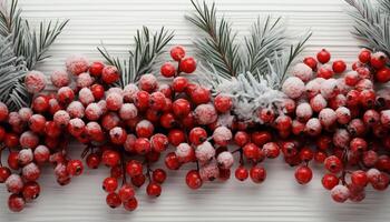 AI generated Winter celebration Christmas ornament decorates snowy tree with berry fruit generated by AI photo