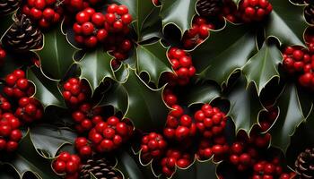 AI generated Winter celebration holly wreath decorates evergreen tree with berries generated by AI photo