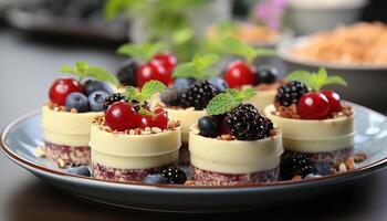 AI generated Gourmet dessert plate fresh, homemade berry cheesecake with chocolate generated by AI photo