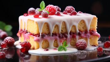 AI generated Homemade gourmet dessert sweet raspberry cheesecake with chocolate decoration generated by AI photo