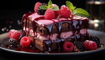 AI generated Indulgent gourmet dessert fresh raspberry chocolate cake with mint leaf generated by AI photo