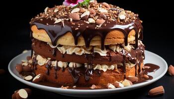 AI generated Homemade chocolate cake with creamy icing, a sweet indulgence generated by AI photo