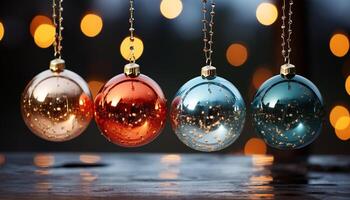 ai generado Navidad decoración, brillante ornamento, iluminado fondo, colgando brillante esfera generado por ai foto
