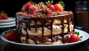 AI generated Indulgent homemade chocolate cake with fresh strawberry decoration generated by AI photo