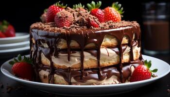 AI generated Indulgent homemade chocolate cake with fresh strawberry decoration generated by AI photo