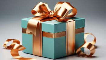 AI generated A shiny gold gift box wrapped in ornate blue paper generated by AI photo