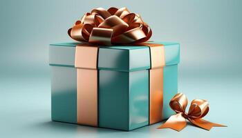 AI generated A shiny blue gift box wrapped in festive wrapping paper generated by AI photo