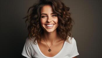 AI generated Beautiful woman with brown curly hair smiling confidently at camera generated by AI photo