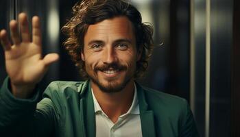 AI generated A confident businessman with a toothy smile, looking at camera generated by AI photo