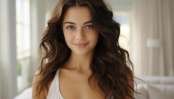AI generated Beautiful woman with long brown hair looking at camera indoors generated by AI photo