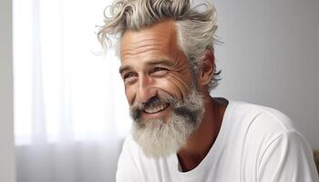 ai generado sonriente mayor hombre con gris pelo disfruta despreocupado Jubilación generado por ai foto