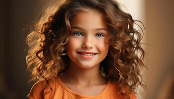 AI generated Smiling cute girl with curly hair, looking at camera happily generated by AI photo