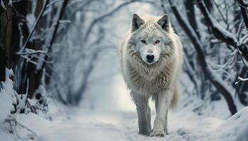 ai generado un linda ártico lobo caminando en el Nevado bosque generado por ai foto