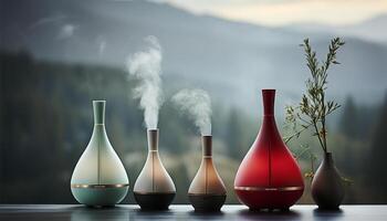 AI generated Chemistry lab blue liquid in flask, smoke, equipment on table generated by AI photo