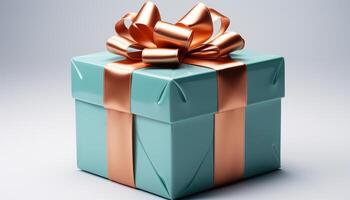 AI generated Birthday gift box with shiny wrapping paper and yellow bow generated by AI photo