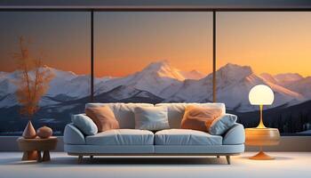 AI generated Comfortable modern living room with a sunset mountain landscape view generated by AI photo