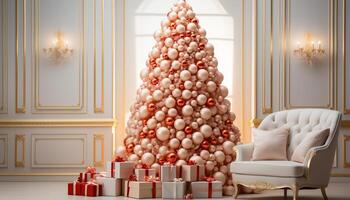 AI generated Cozy home interior with illuminated Christmas tree, shiny decorations generated by AI photo