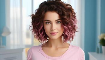 AI generated One beautiful woman, smiling, looking at camera, with curly hair generated by AI photo