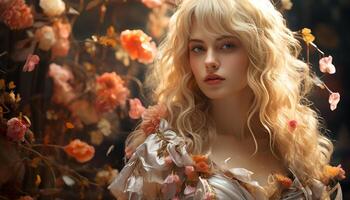 AI generated Beautiful young woman with long blond hair in autumn forest generated by AI photo