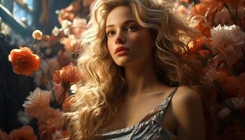 AI generated Young woman with long blond hair, smiling, looking at camera generated by AI photo
