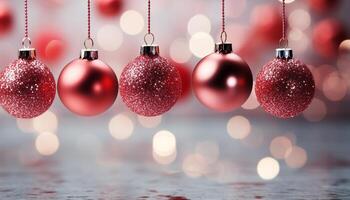 ai generado abstracto, vibrante, iluminado esfera cuelga en Navidad árbol fondo generado por ai foto
