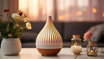 AI generated Elegant vase with candle, flowers, and modern interior design generated by AI photo