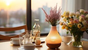 ai generado moderno hogar interior con un florero de Fresco flores en un de madera mesa generado por ai foto