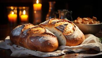 AI generated Freshly baked bread on rustic table, candle flame flickers generated by AI photo