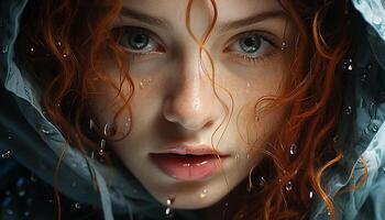 AI generated One young woman, wet and smiling, looking at camera outdoors generated by AI photo