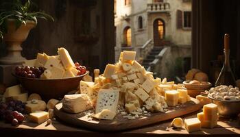 AI generated Gourmet snack  Camembert, Gouda, and bread on rustic table generated by AI photo