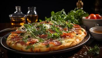 AI generated Freshly baked homemade pizza on rustic wooden table generated by AI photo
