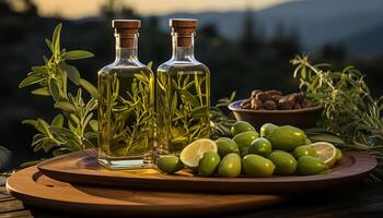 AI generated Fresh olive fruit on rustic wood table, nature healthy refreshment generated by AI photo