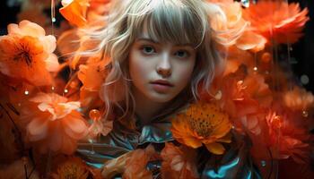 AI generated Cute blond girl smiling, surrounded by nature colorful beauty generated by AI photo