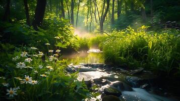 AI generated Tranquil Forest Stream Natures Serene Yoga Haven Amid Wildflowers photo