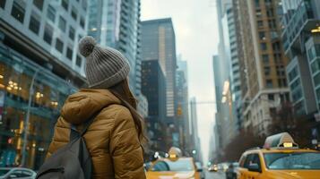 ai generado urbano mujer saluda amarillo Taxi en bullicioso ciudad calle con alto edificios y tráfico foto