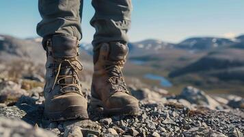 AI generated Travelers Feet Stand on Rocky Trail Surrounded by Majestic Mountains and Clear Blue Sky photo