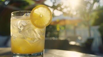 AI generated Refreshing Iced Lemonade Garnished with Lemon and Mint Set Against Bright Patio Background photo