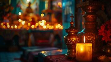 ai generado atmosférico cultural santuario iluminado por luz de una vela y diverso religioso íconos foto