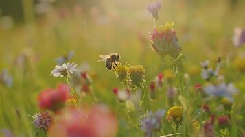 ai generado abeja coleccionar néctar desde vistoso flor silvestre en lozano prado bañado en suave natural ligero foto